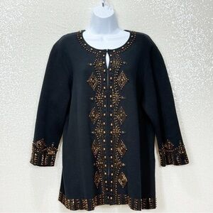 Chico’s Size 3 Black Beaded Embellished Cardigan Jacket 100% Cotton